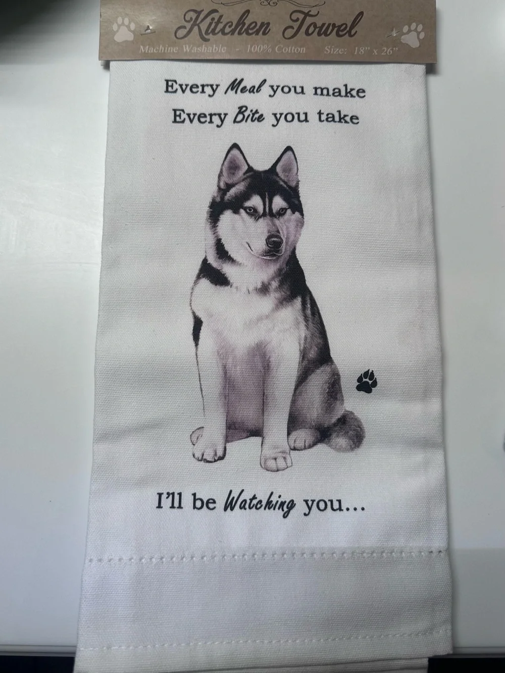 Kitchen Towel with Husky Dog Design - White